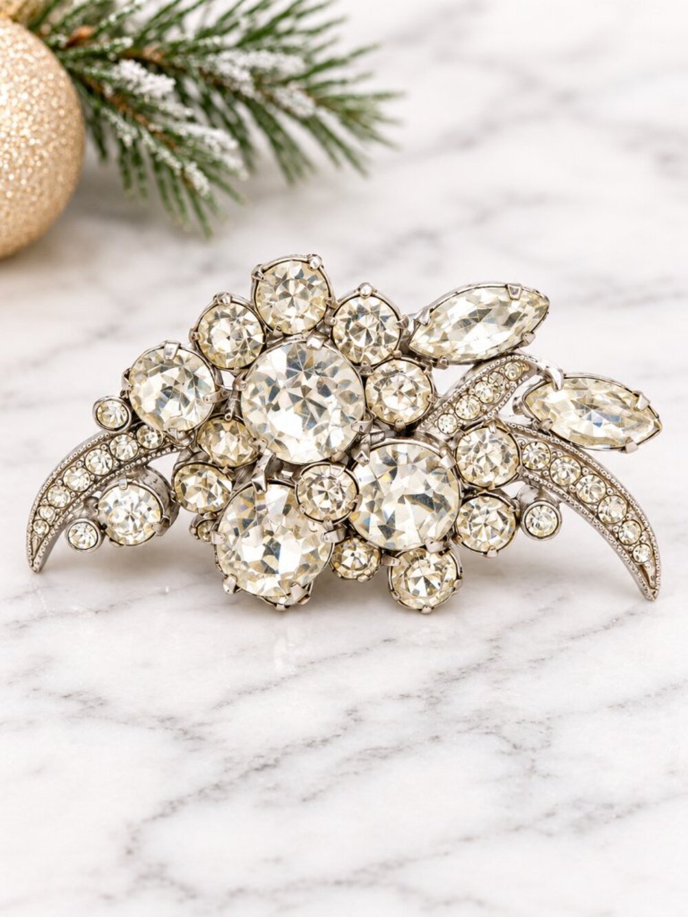 Eisenberg Ice Signed Clear Rhinestone Floral Spray Brooch